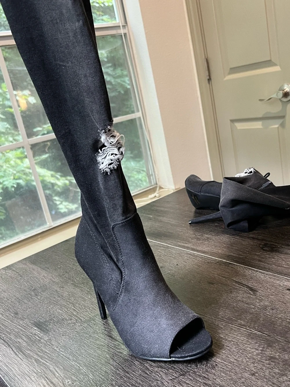Black Distressed Denim Peep-Toe Heeled Boots